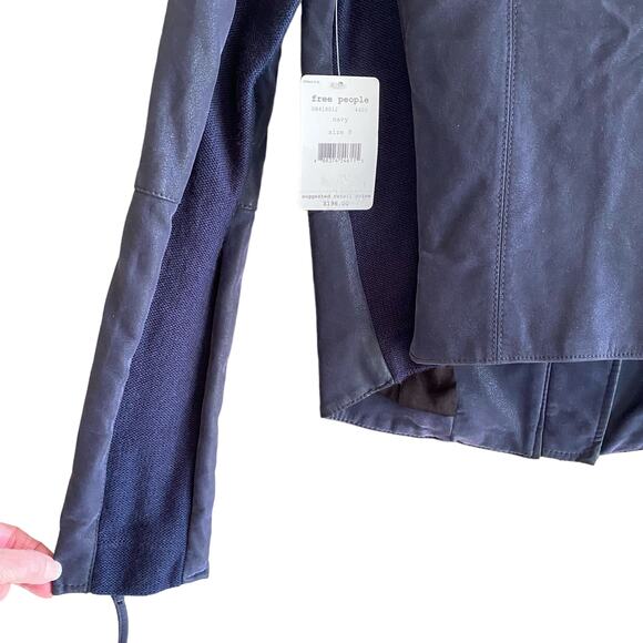 NWT FREE PEOPLE Jacket 8 Navy Blue Moto Zippers Stretch Inserts in Sleeves - Picture 10 of 15